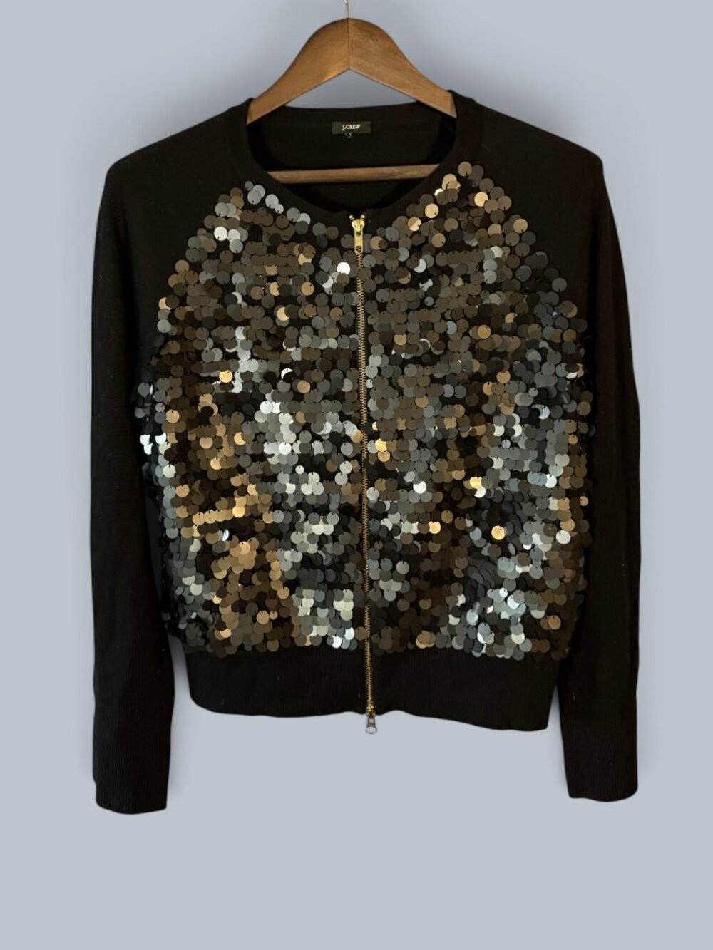 J.Crew Black Sequin Zip Front Cropped Cardigan XL